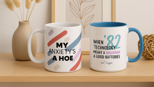funny coffee mugs on a decorative shelf