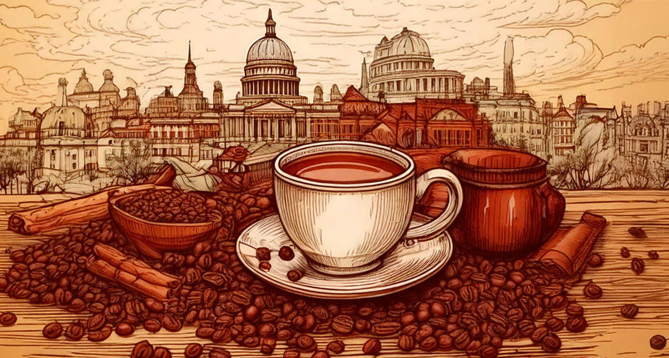 Coffee cup illustration in front of landmarks